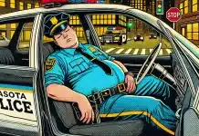 Sarasota Officer Clifford Cespedes: 43 IA Investigations Including Sleeping on Duty, Firearm Violations, and Misconduct—Lack of Disciplinary Action Taken Cartoon policeman sleeping in patrol car at intersection.