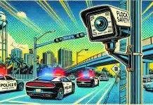 Understanding Flock Safety: Sarasota’s License Plate Recognition System Colorful comic-style city scene with police cars.