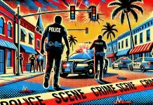 Gunfire, Drugs, and Child Neglect: Sarasota Police Arrest Three in Violent Incident Involving Another Battie Family Member Colorful police scene illustration downtown