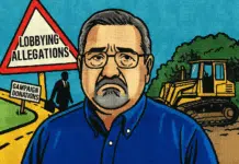 Sarasota’s Hi Hat Ranch Road Deal: Insider Influence, Public Cost, and the Question of Lobbying Man frowning, signs: lobbying allegations, campaign donations.