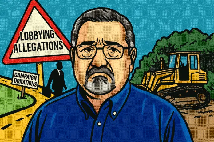 Man frowning, signs: lobbying allegations, campaign donations.