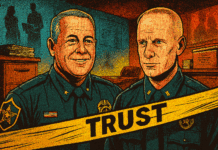 Allegations of a Cover-Up: Tom Knight, a Sheriff’s Captain, and a Silenced Whistleblower Illustration of two officers with 'TRUST' banner.