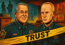 Allegations of a Cover-Up: Tom Knight, a Sheriff’s Captain, and a Silenced Whistleblower Illustration of two officers with 'TRUST' banner.
