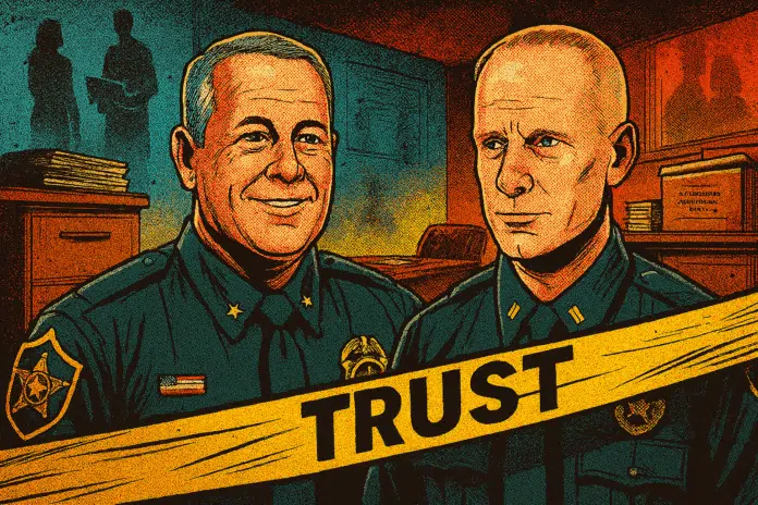 Illustration of two officers with 'TRUST' banner.